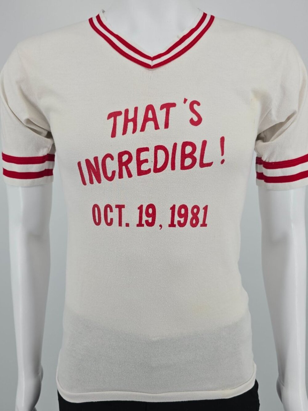 Vintage 1981 "That's Incredibl"/Fire-Safe AD-108 Promo V-Neck Ringer T-Shirt (L)